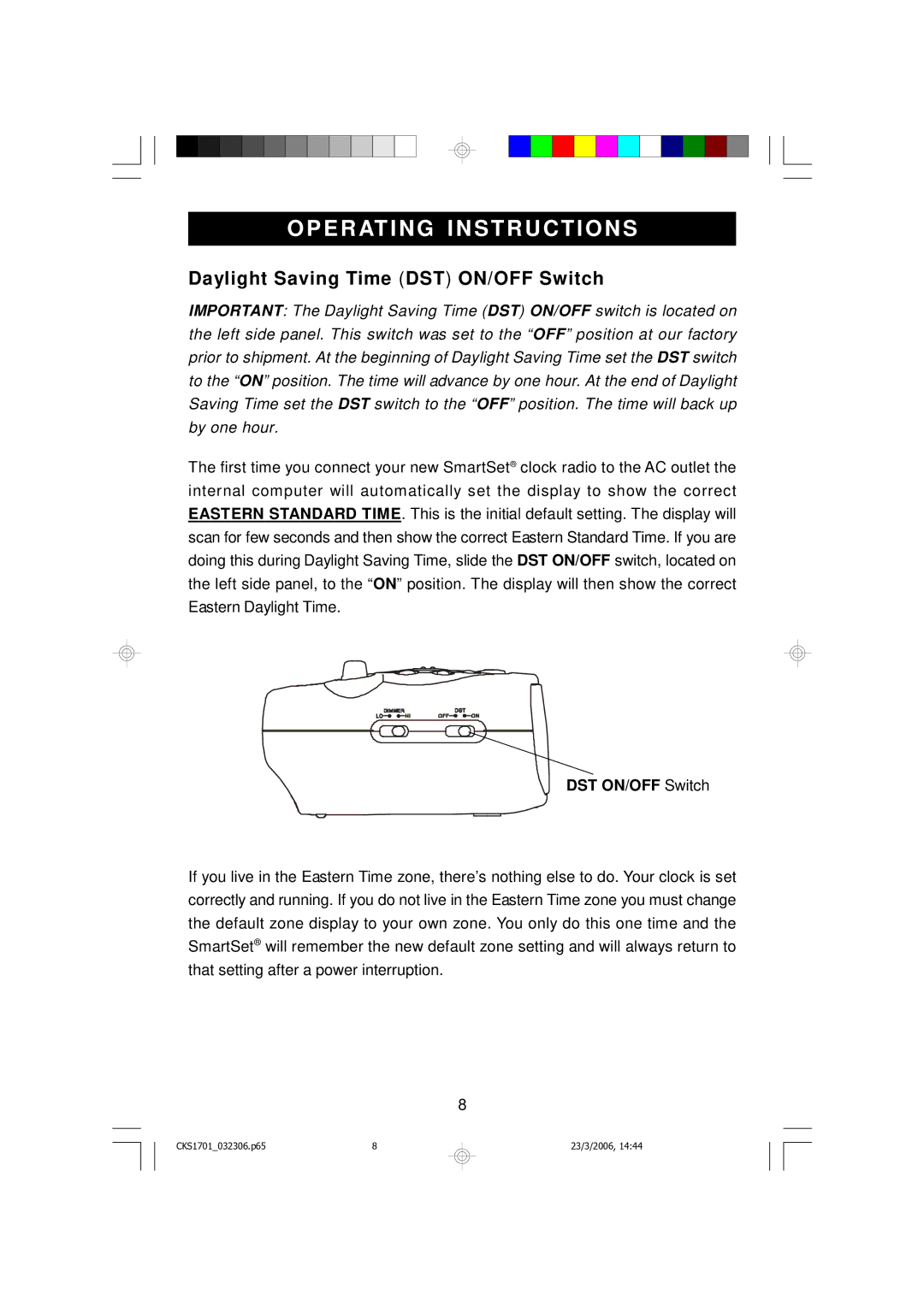 Emerson CKS1701 owner manual Operating Instructions, Daylight Saving Time DST ON/OFF Switch 