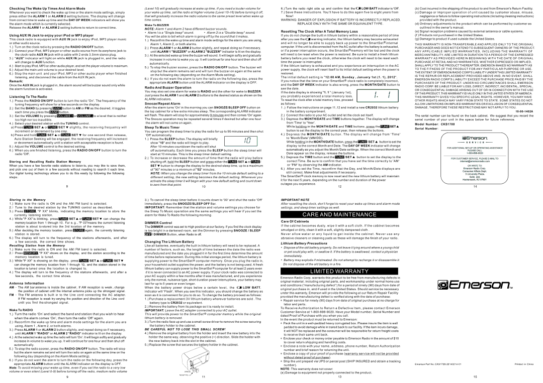 Emerson CKS1708 owner manual Care and Maintenance, Limited Warranty 