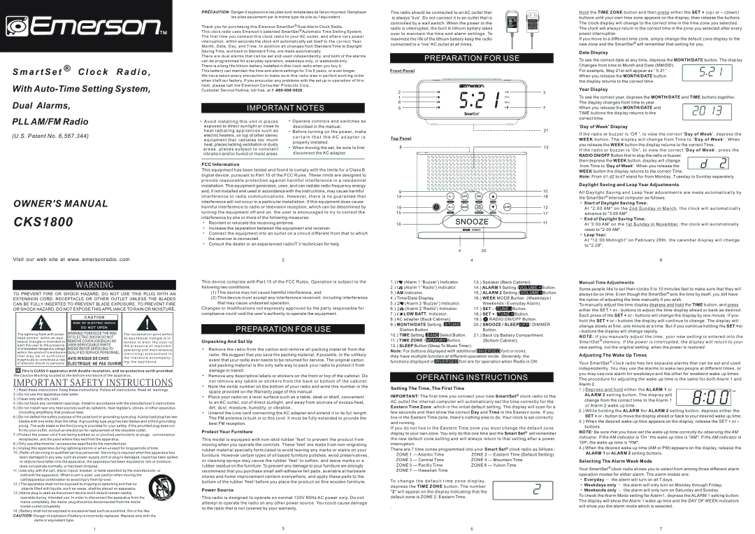 Emerson CKS1800 owner manual Top Panel, Date Display, Year Display, Day of Week Display, FCC Information, Leap Year, Set 