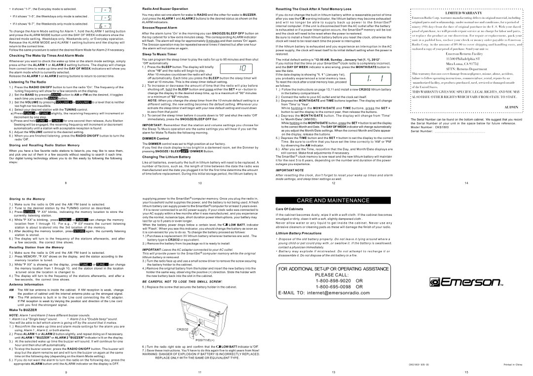 Emerson CKS1800 Checking The Wake Up Times And Alarm Mode, Listening To The Radio, Antenna Information, Wake To Buzzer 