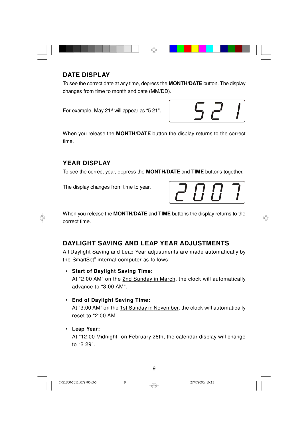 Emerson CKS1851, CKS1850 owner manual Date Display, Year Display, Daylight Saving and Leap Year Adjustments 