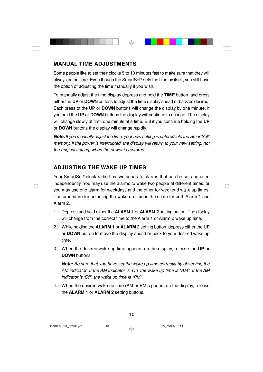 Emerson CKS1850, CKS1851 owner manual Manual Time Adjustments, Adjusting the Wake UP Times 