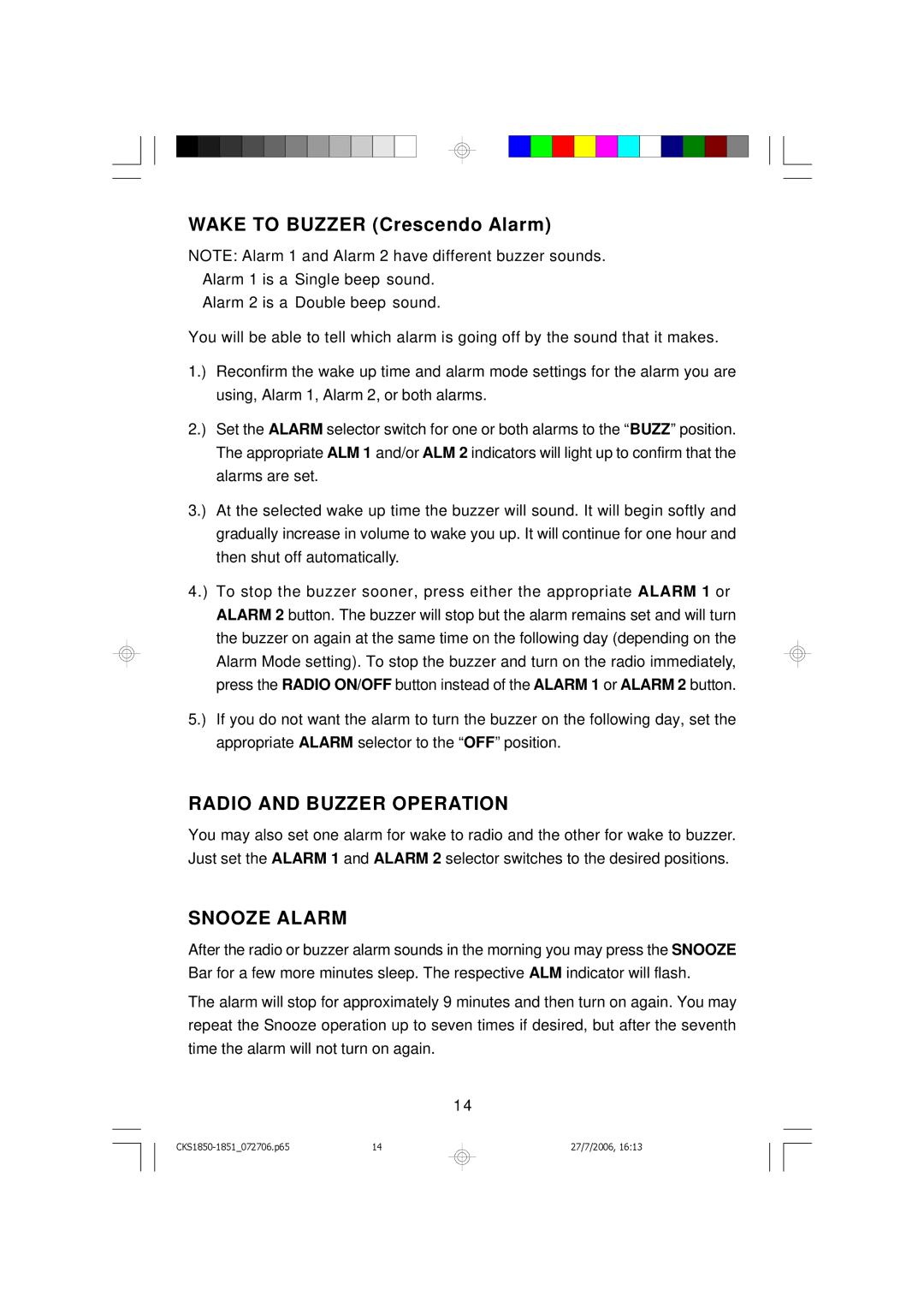 Emerson CKS1850, CKS1851 owner manual Radio and Buzzer Operation, Snooze Alarm 