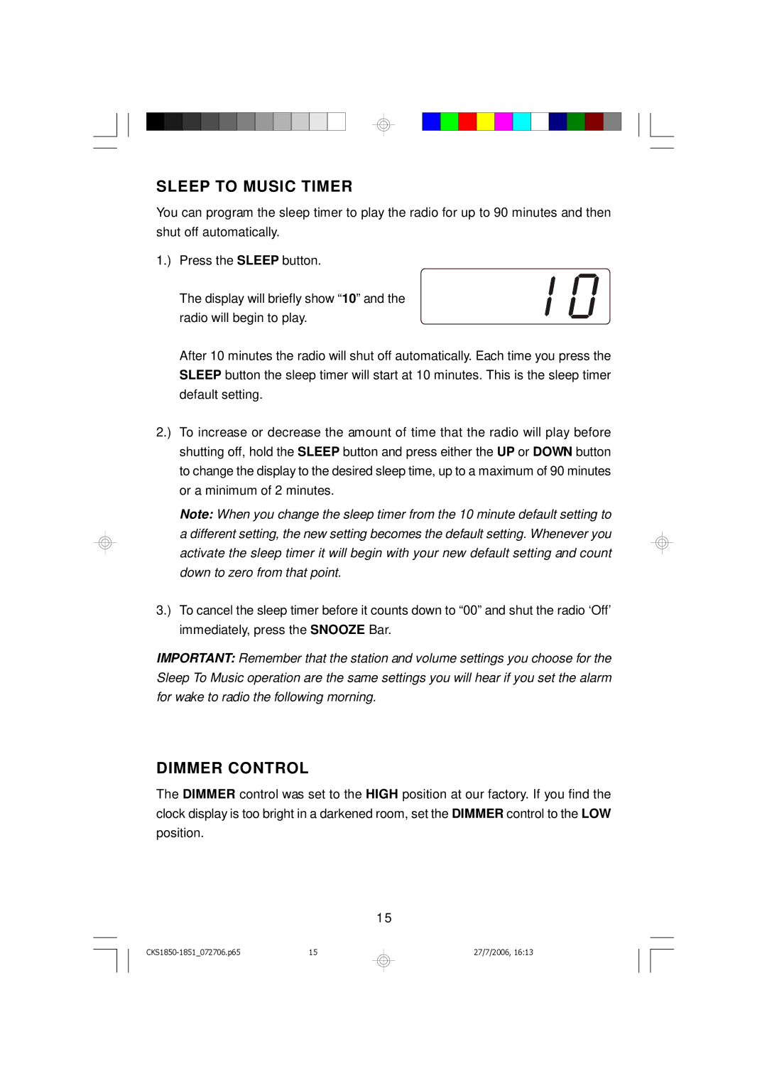 Emerson CKS1851, CKS1850 owner manual Sleep to Music Timer, Dimmer Control 