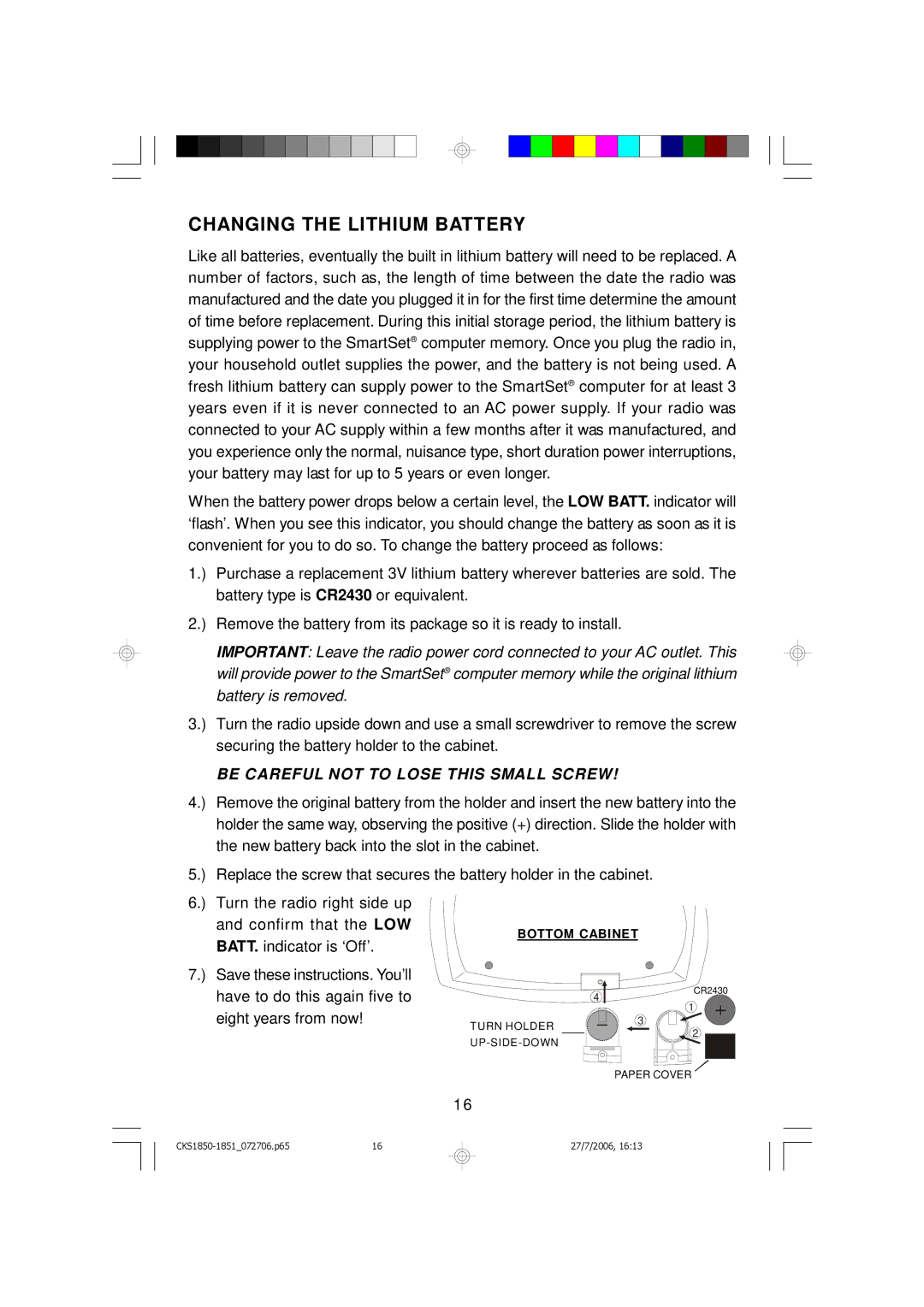 Emerson CKS1850, CKS1851 owner manual Changing the Lithium Battery, Be Careful not to Lose this Small Screw 