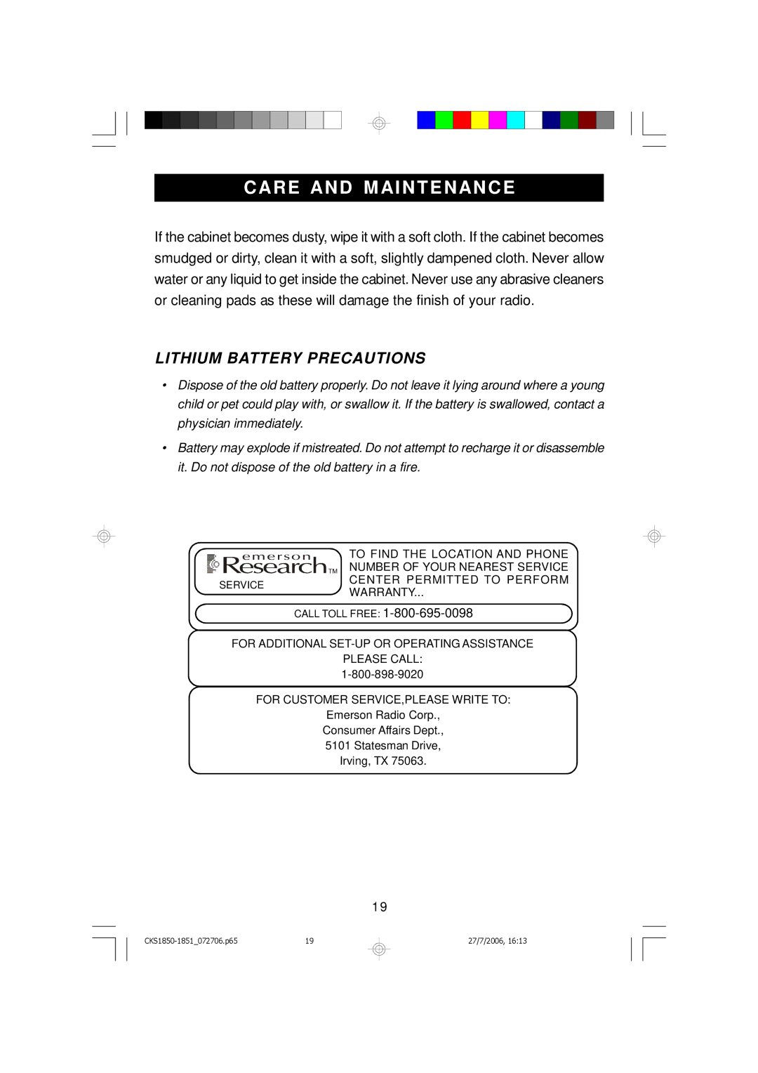 Emerson CKS1851, CKS1850 owner manual Care and M Aintenance, Lithium Battery Precautions 