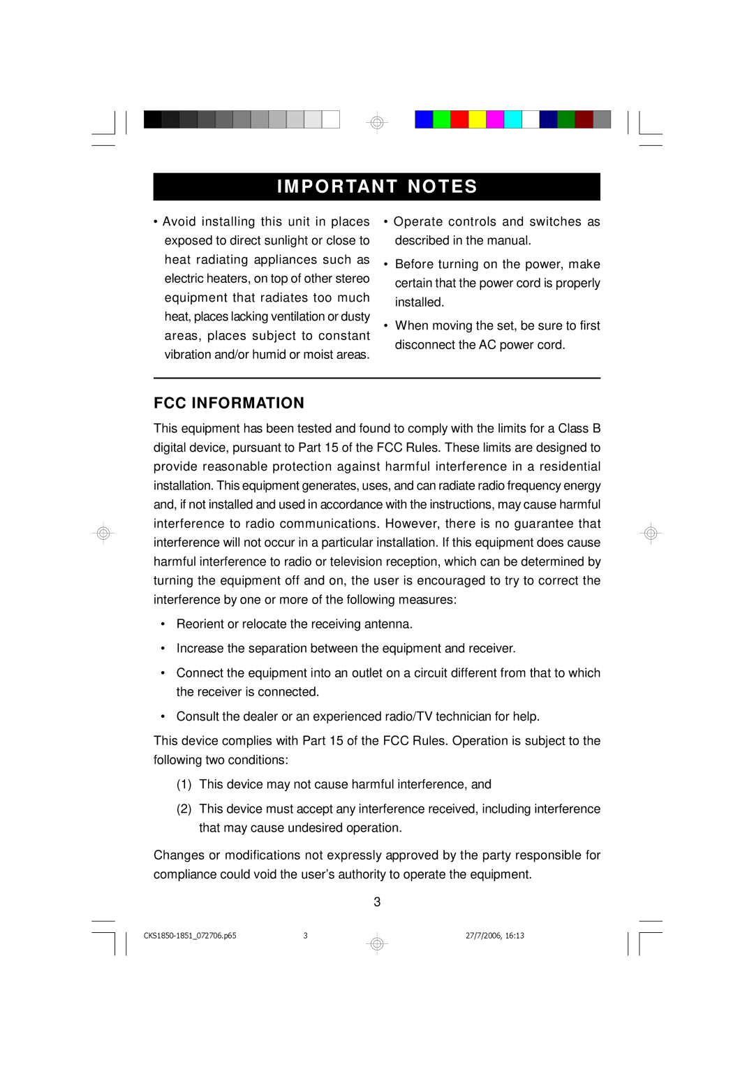 Emerson CKS1851, CKS1850 owner manual IM Portant Notes, FCC Information 