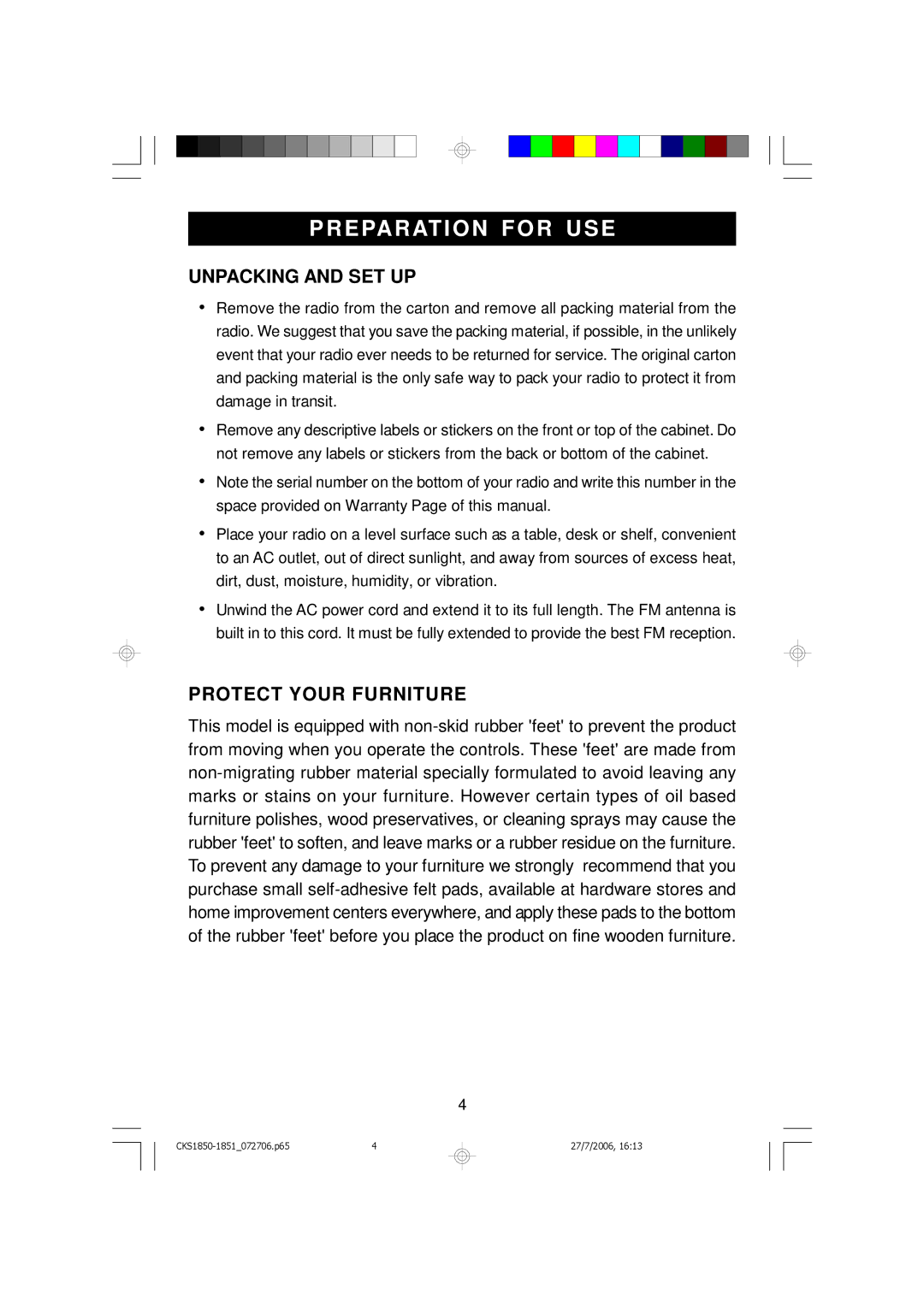 Emerson CKS1850, CKS1851 owner manual Preparation for USE, Unpacking and SET UP, Protect Your Furniture 