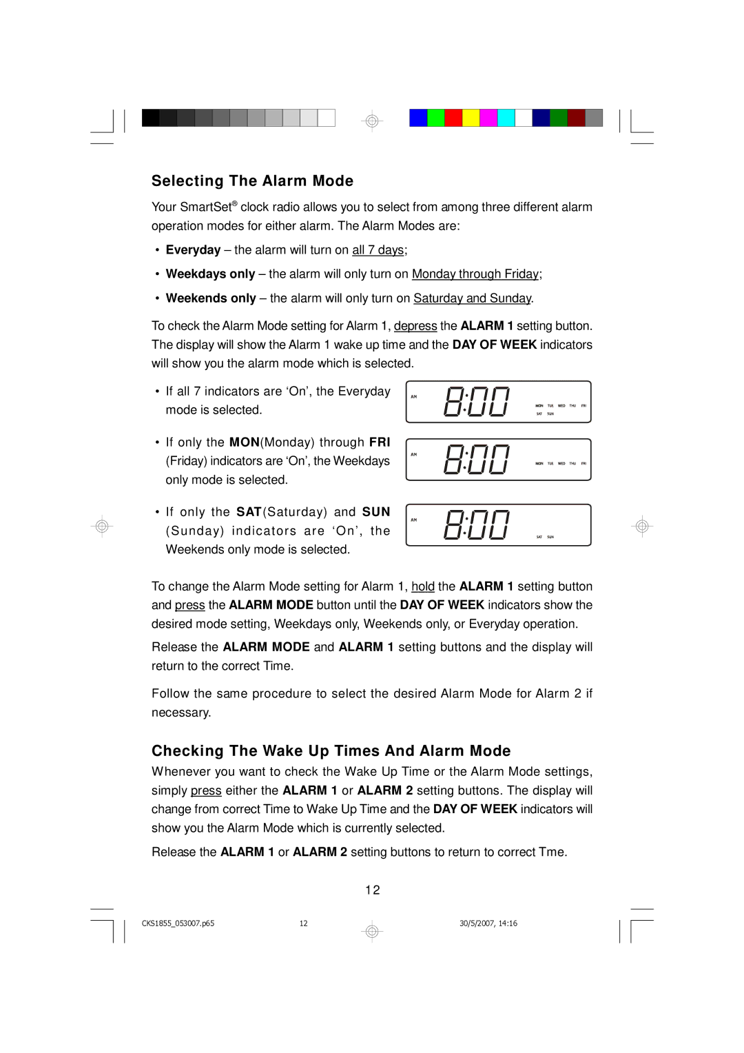 Emerson CKS1855 owner manual Selecting The Alarm Mode, Checking The Wake Up Times And Alarm Mode 