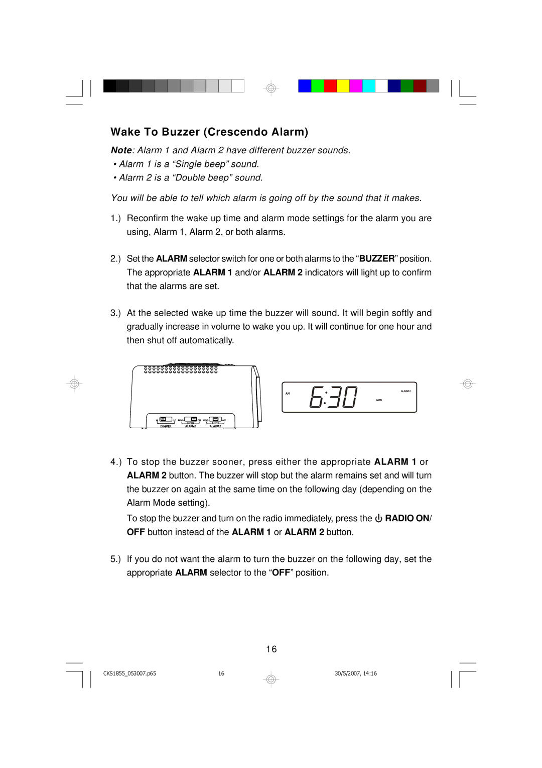 Emerson CKS1855 owner manual Wake To Buzzer Crescendo Alarm 