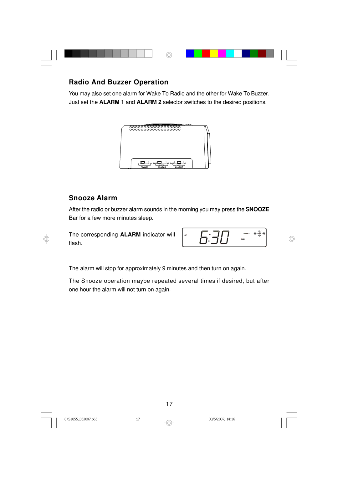 Emerson CKS1855 owner manual Radio And Buzzer Operation, Snooze Alarm 