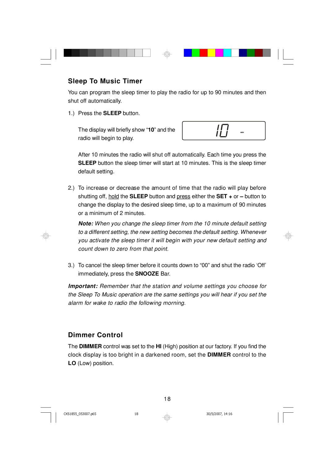 Emerson CKS1855 owner manual Sleep To Music Timer, Dimmer Control 