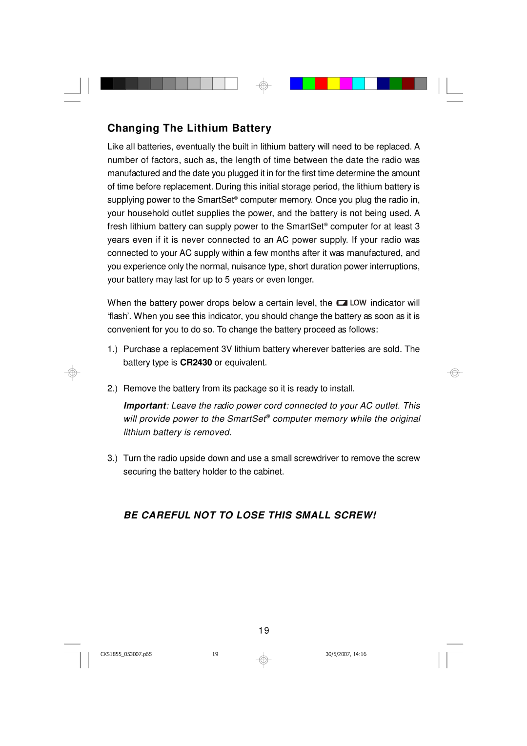 Emerson CKS1855 owner manual Changing The Lithium Battery, Be Careful not to Lose this Small Screw 