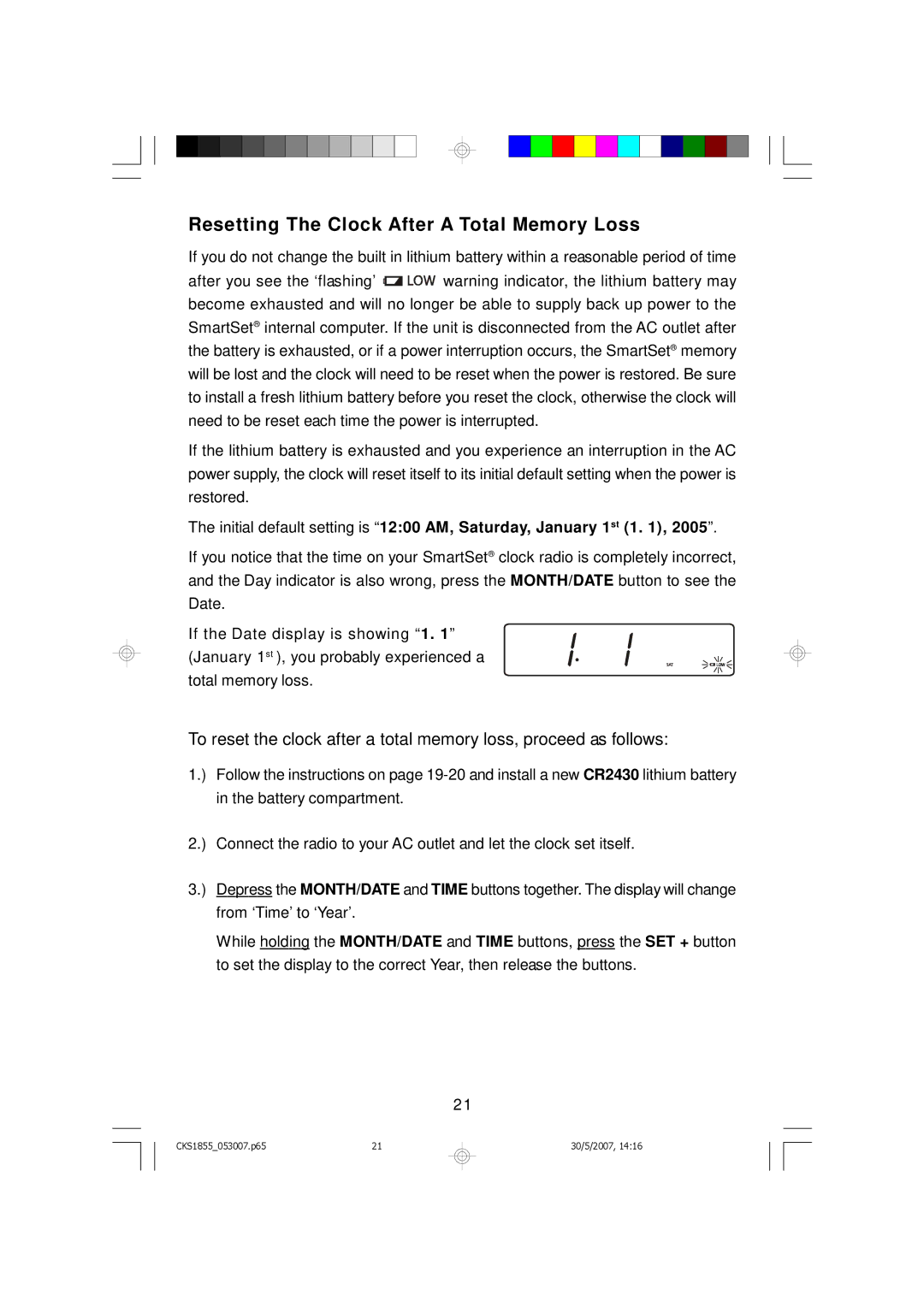 Emerson CKS1855 Resetting The Clock After a Total Memory Loss, Initial default setting is 1200 AM, Saturday, January 1st 1 