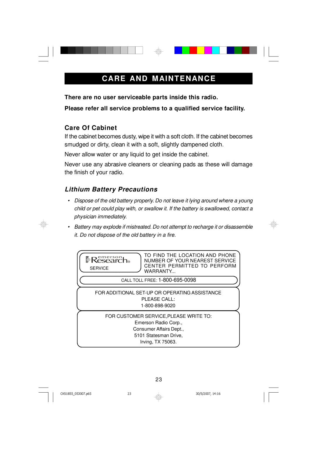 Emerson CKS1855 owner manual Care and M Aintenance, Care Of Cabinet 