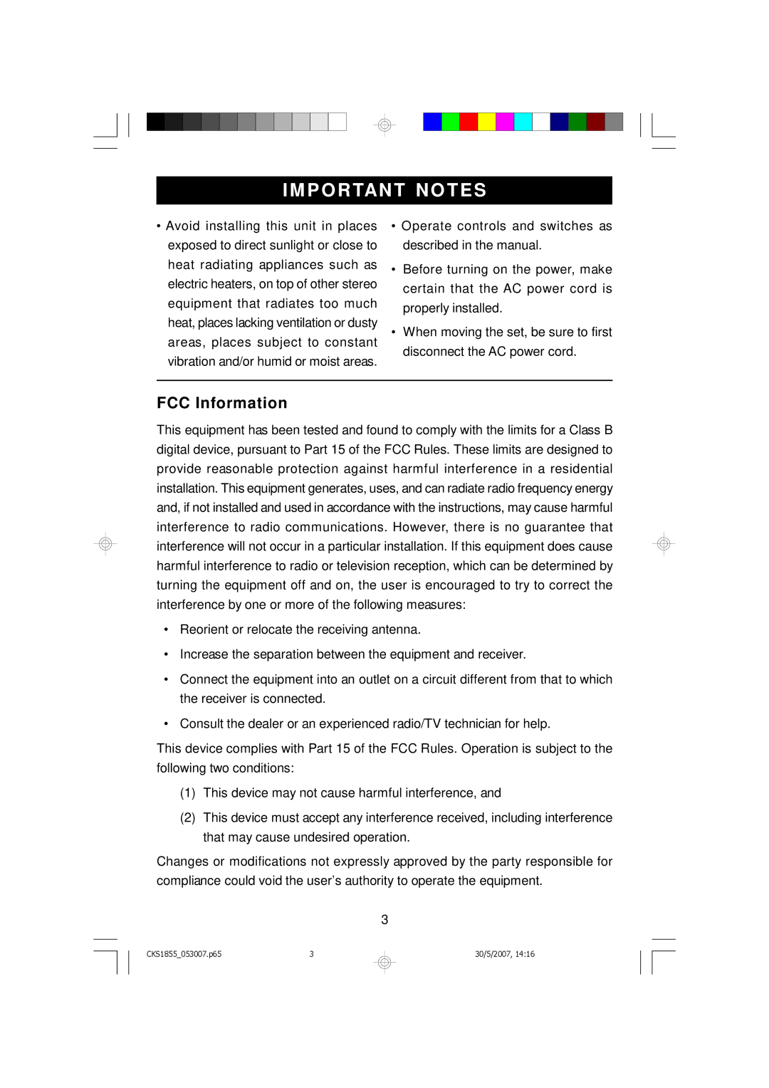 Emerson CKS1855 owner manual IM Portant Notes, FCC Information 