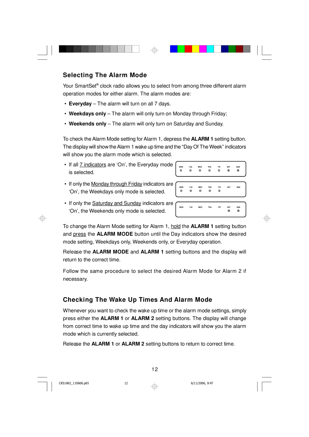 Emerson CKS1862 owner manual Selecting The Alarm Mode, Checking The Wake Up Times And Alarm Mode 