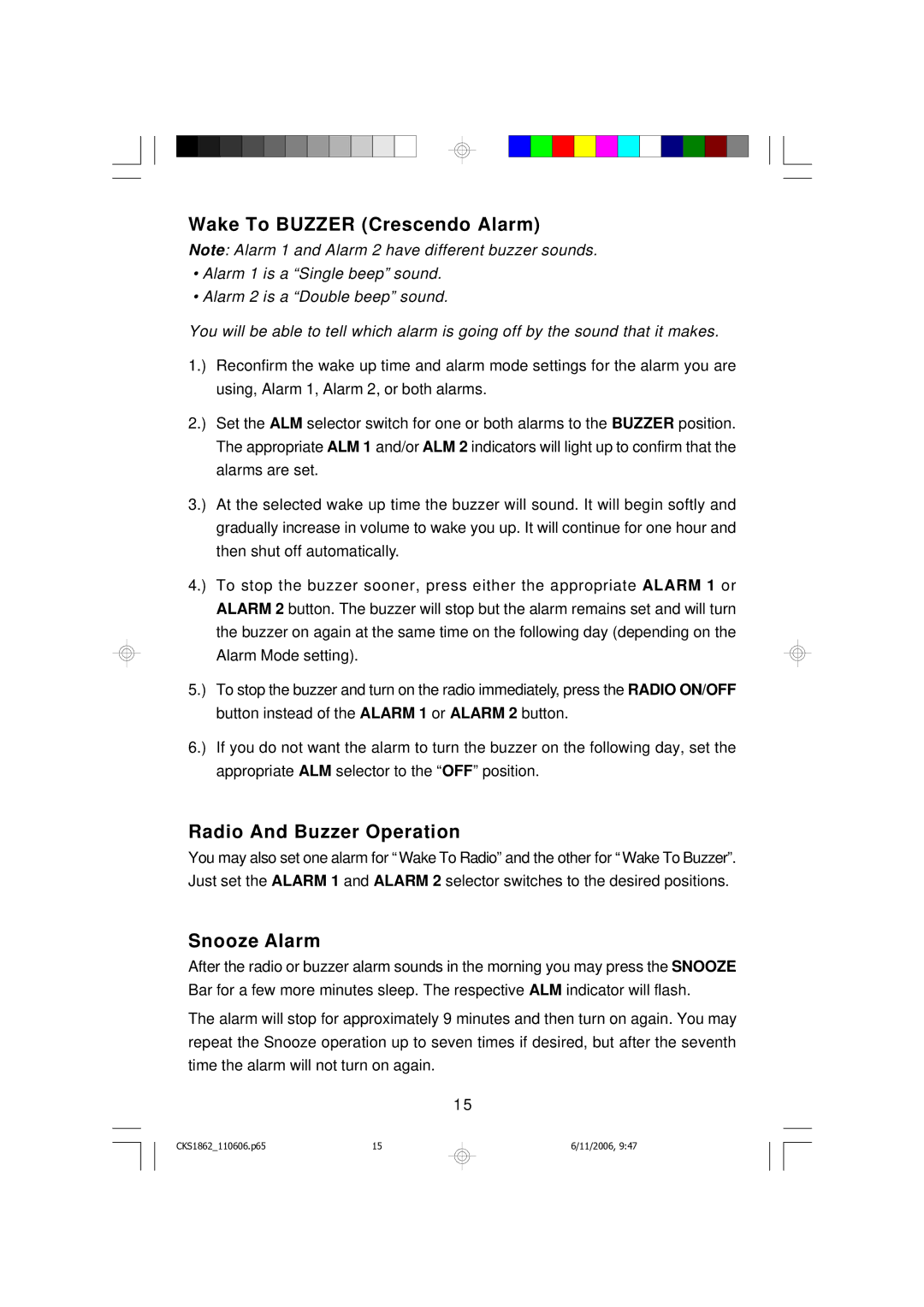 Emerson CKS1862 owner manual Wake To Buzzer Crescendo Alarm, Radio And Buzzer Operation, Snooze Alarm 