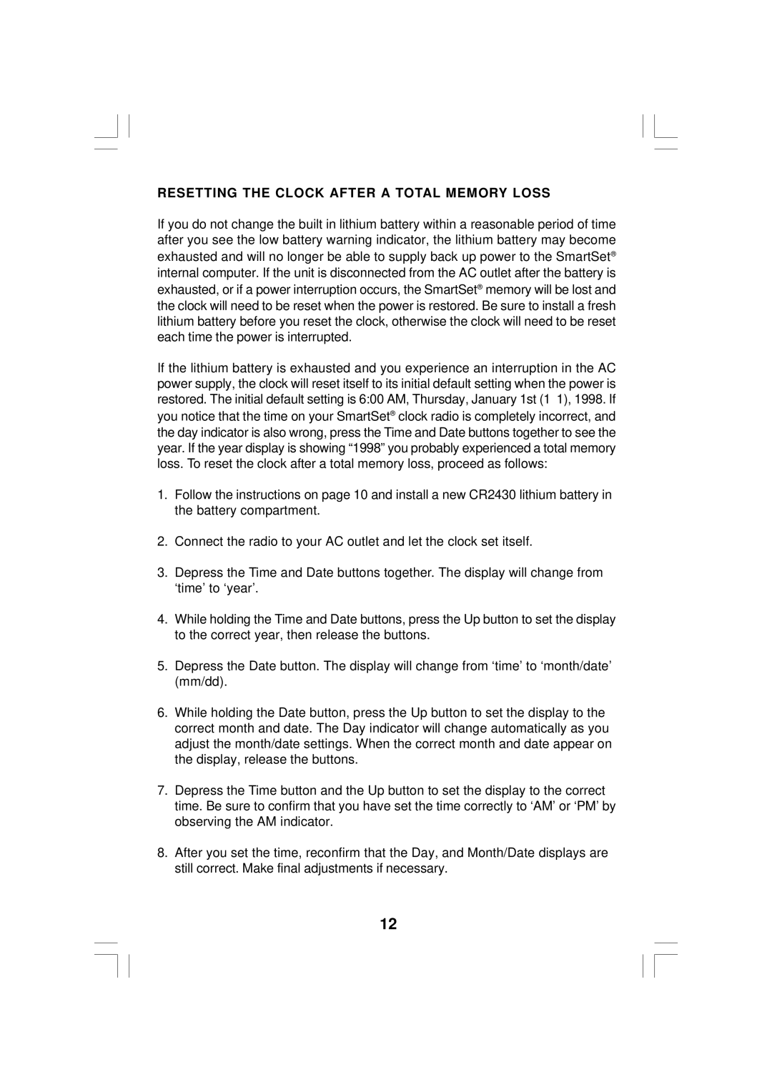 Emerson CKS2020 owner manual Resetting the Clock After a Total Memory Loss 