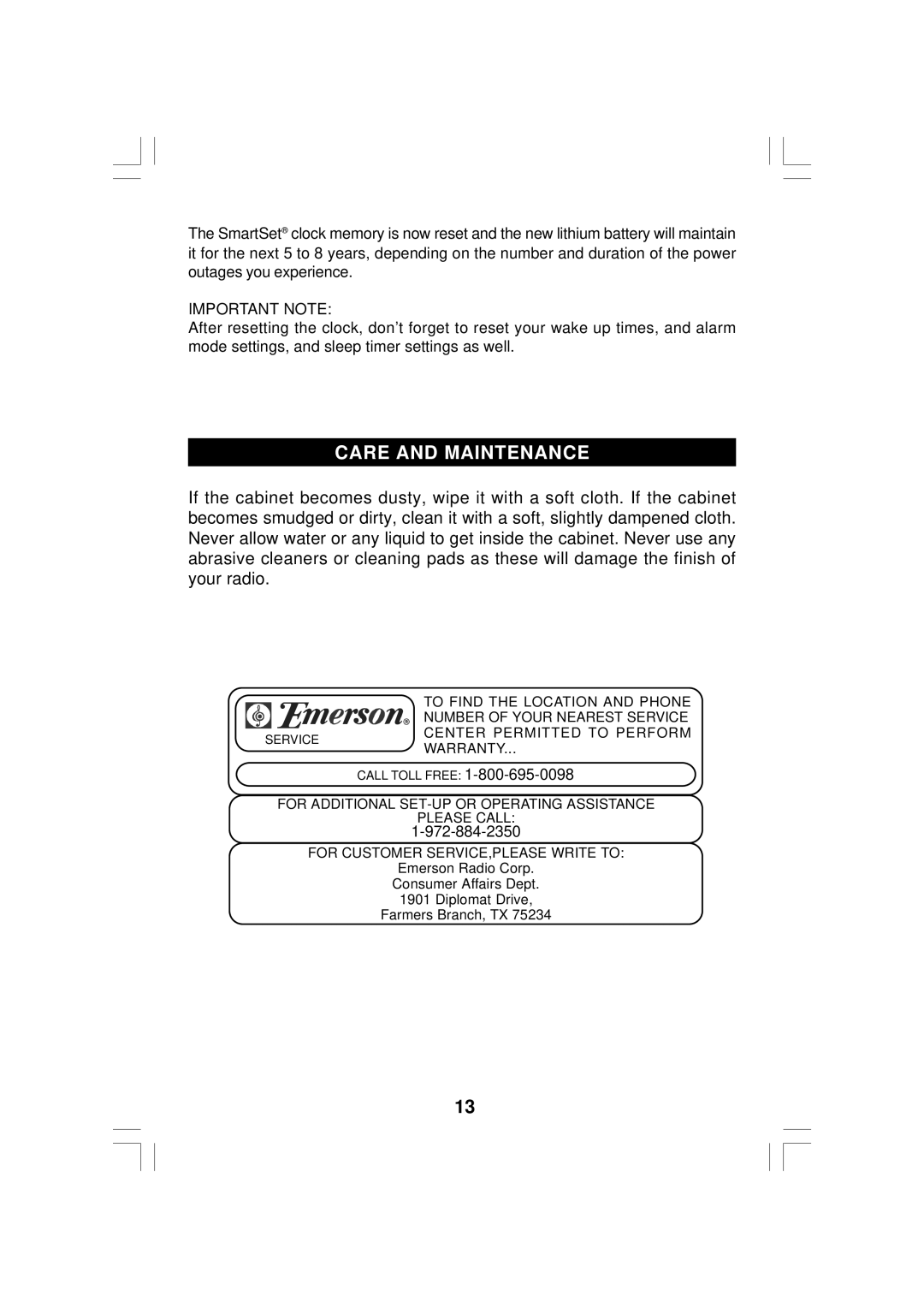 Emerson CKS2020 owner manual Care and Maintenance, Important Note 