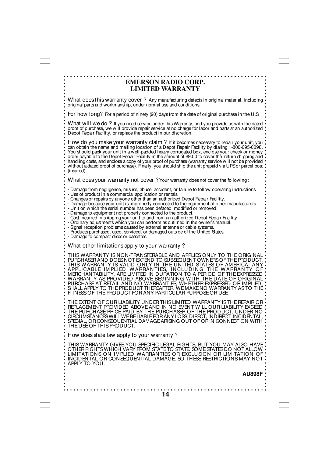 Emerson CKS2020 owner manual Emerson Radio Corp Limited Warranty 