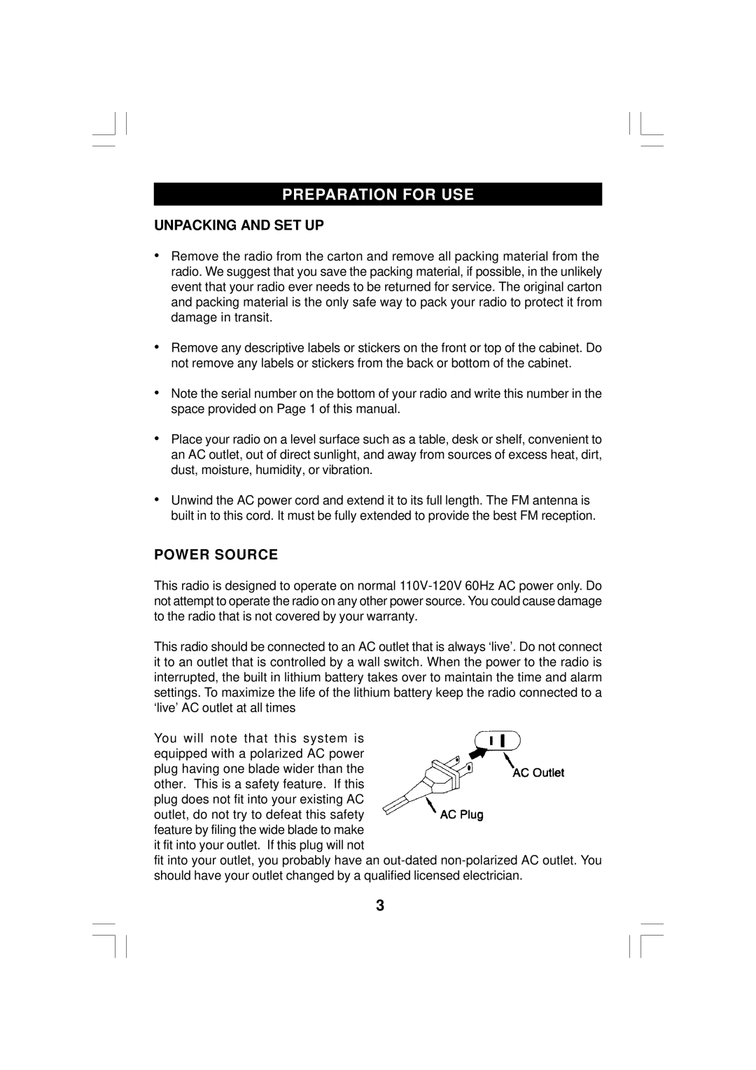 Emerson CKS2020 owner manual Preparation for USE, Unpacking and SET UP, Power Source 