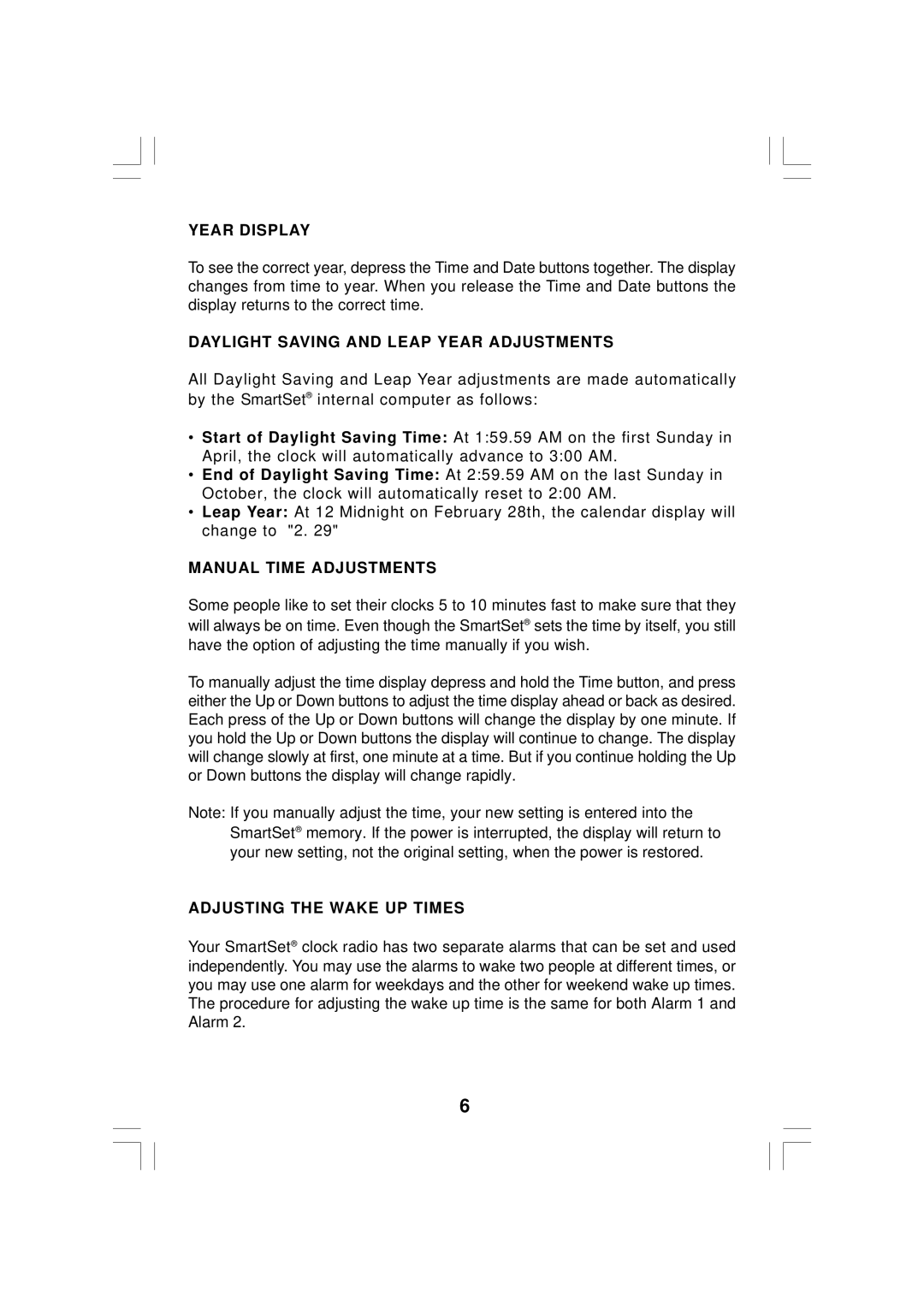 Emerson CKS2020 owner manual Year Display, Daylight Saving and Leap Year Adjustments, Manual Time Adjustments 