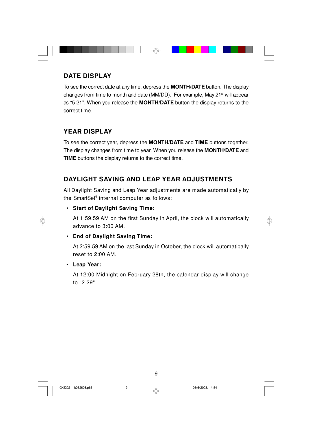 Emerson CKS2021 owner manual Date Display, Year Display, Daylight Saving and Leap Year Adjustments 