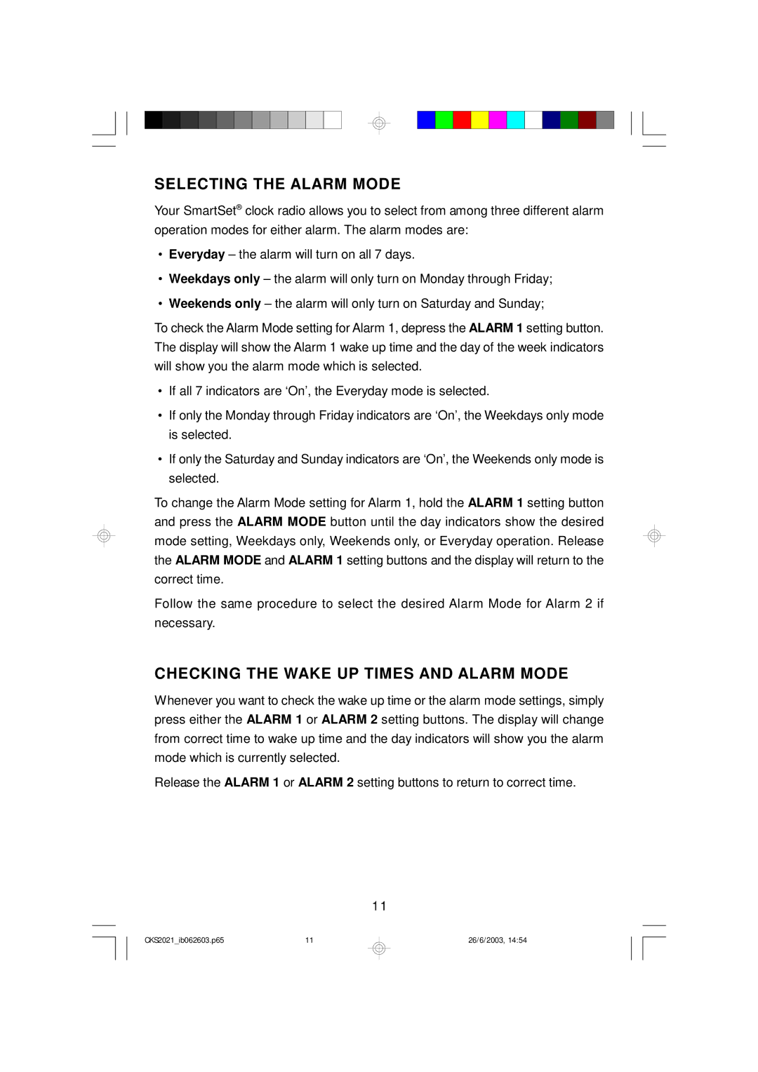 Emerson CKS2021 owner manual Selecting the Alarm Mode, Checking the Wake UP Times and Alarm Mode 