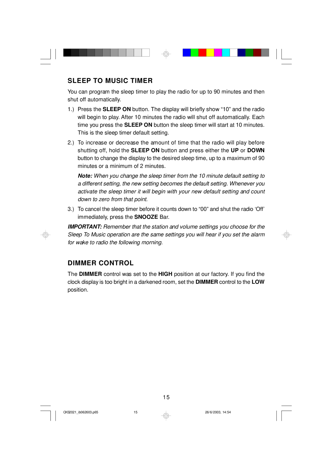 Emerson CKS2021 owner manual Sleep to Music Timer, Dimmer Control 