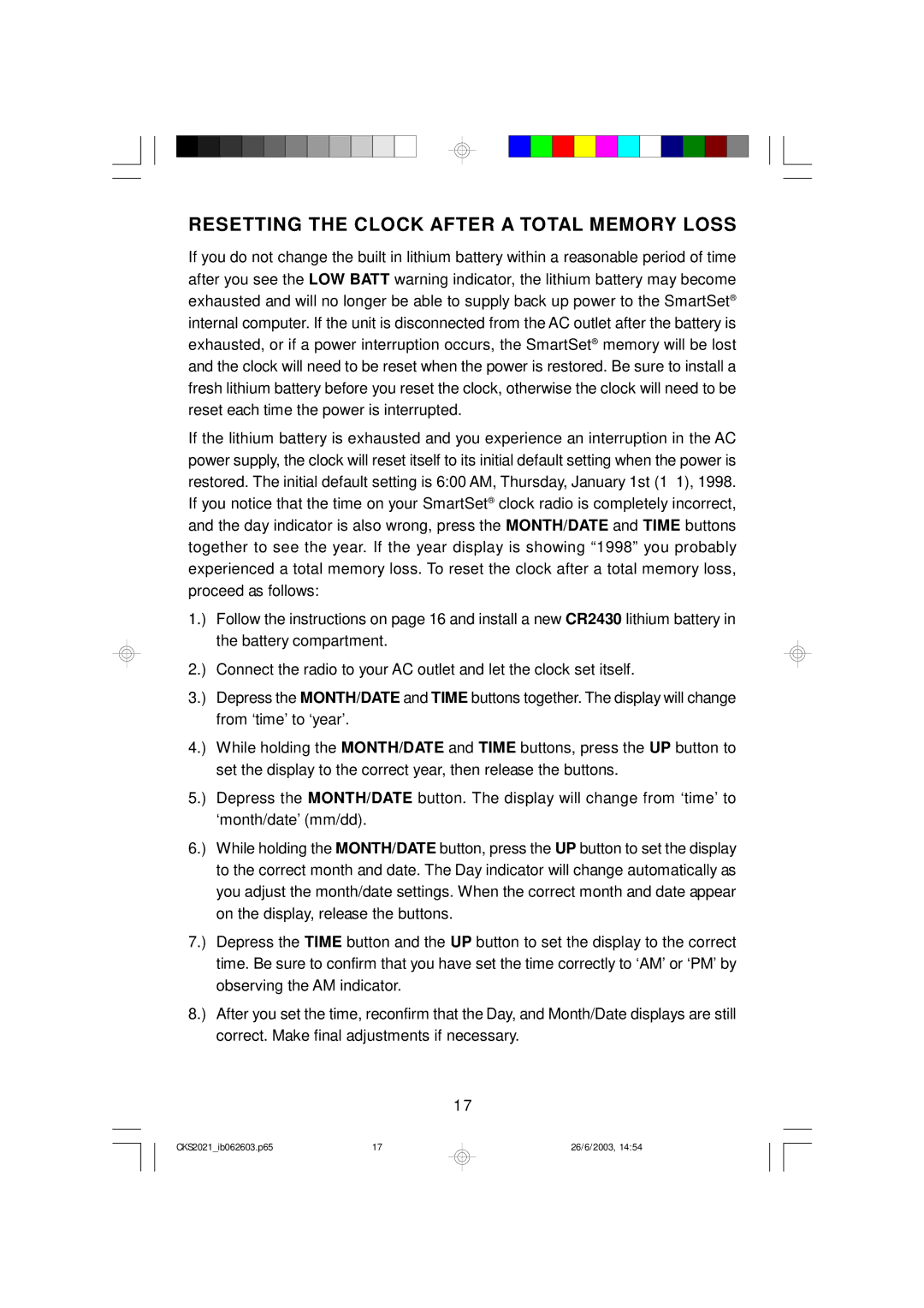 Emerson CKS2021 owner manual Resetting the Clock After a Total Memory Loss 