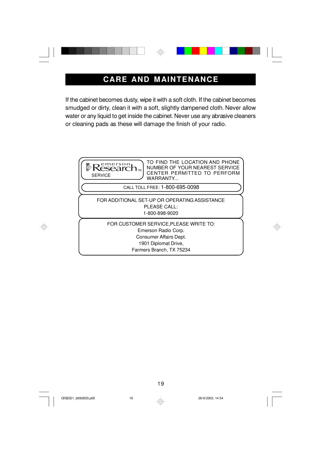 Emerson CKS2021 owner manual Care and M Aintenance 