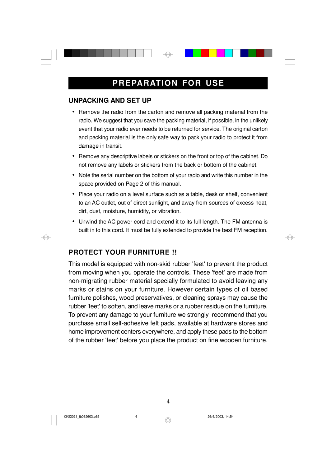 Emerson CKS2021 owner manual Preparation for USE, Unpacking and SET UP, Protect Your Furniture 