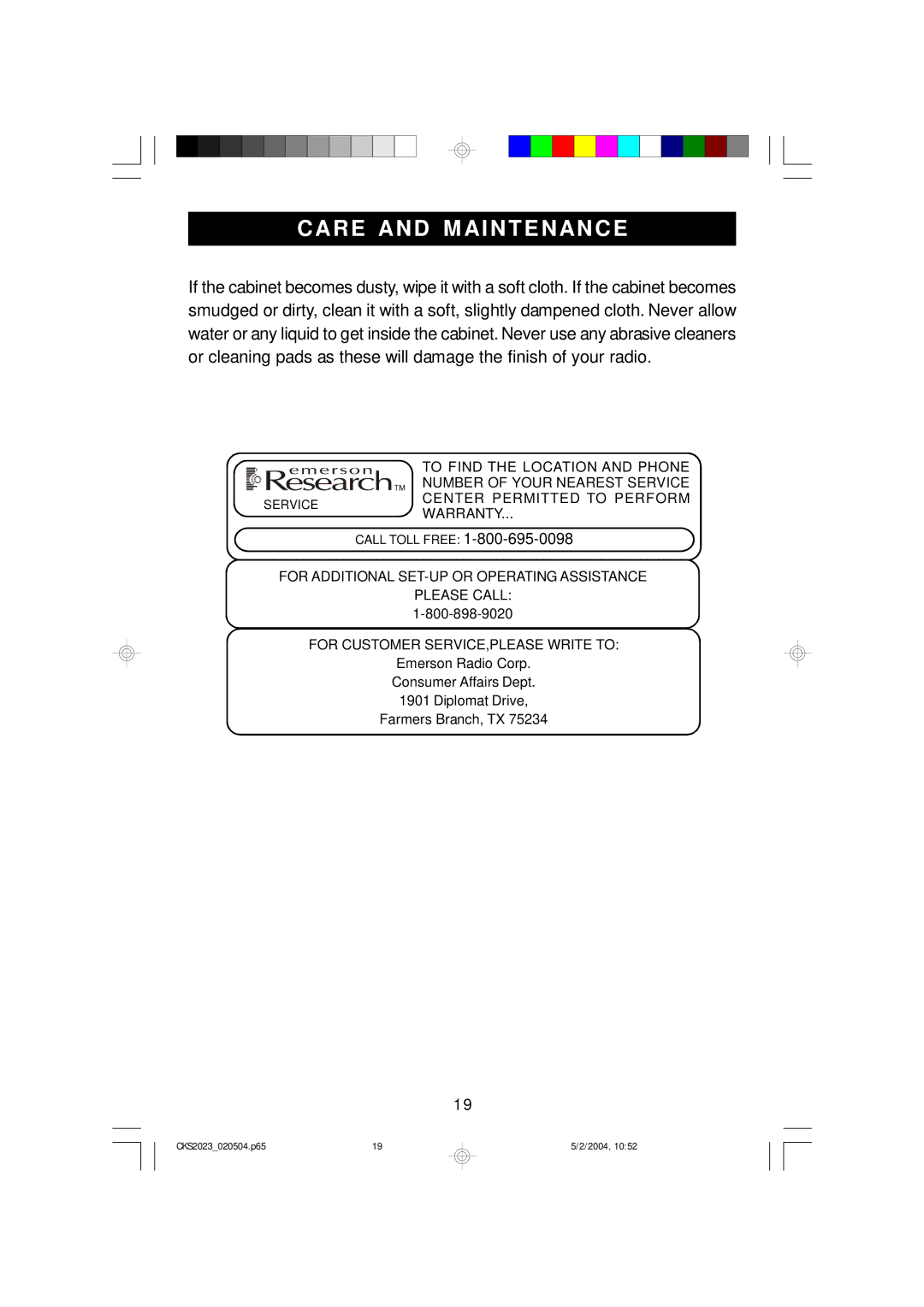 Emerson CKS2023 owner manual Care and M Aintenance 