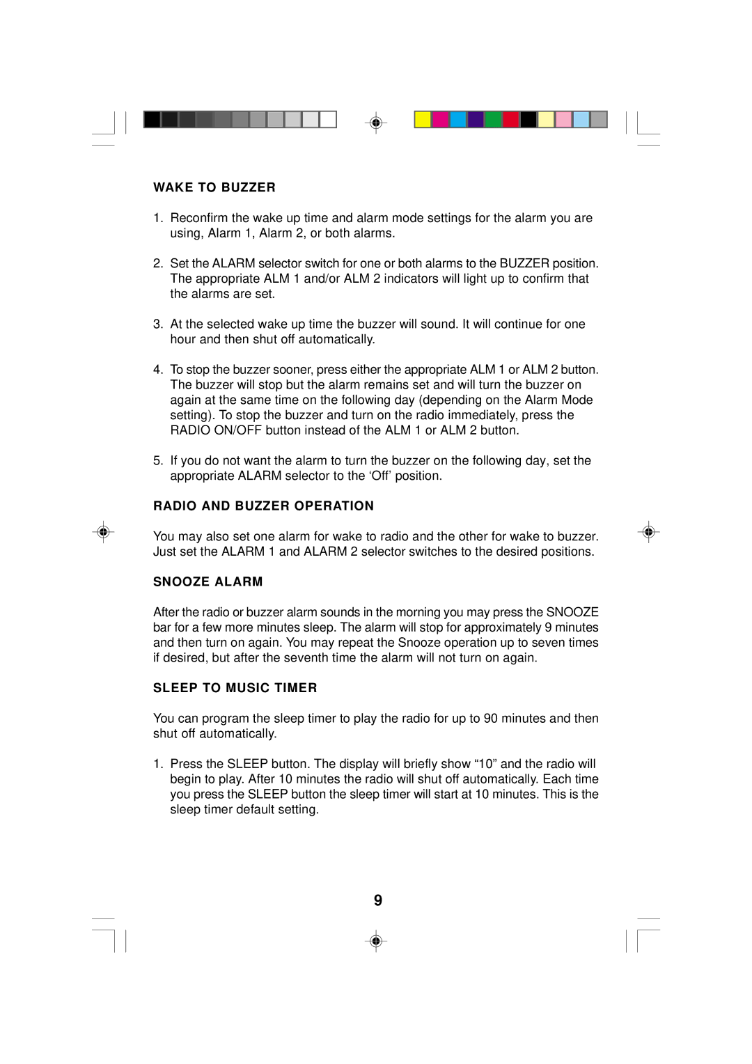 Emerson CKS2237 owner manual Wake to Buzzer, Radio and Buzzer Operation, Snooze Alarm, Sleep to Music Timer 