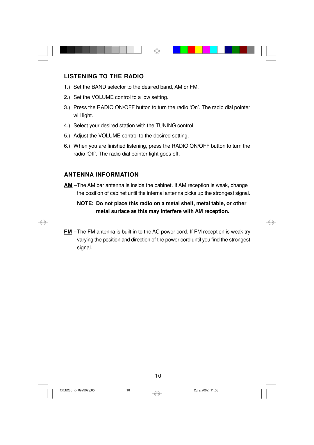 Emerson CKS2288 owner manual Listening to the Radio, Antenna Information 