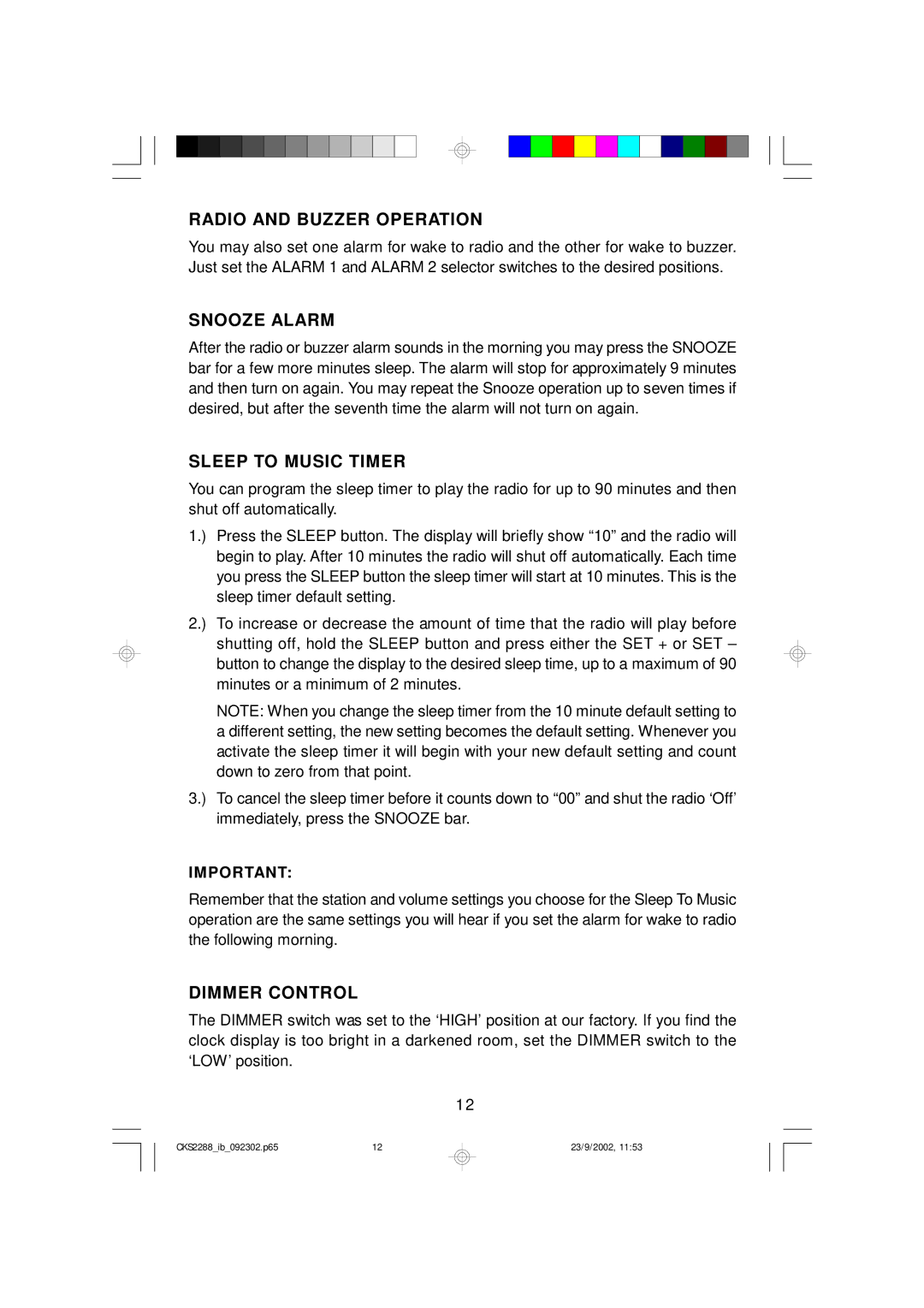 Emerson CKS2288 owner manual Radio and Buzzer Operation, Snooze Alarm, Sleep to Music Timer, Dimmer Control 