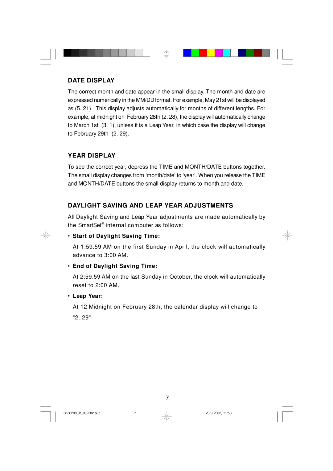 Emerson CKS2288 owner manual Date Display, Year Display, Daylight Saving and Leap Year Adjustments 