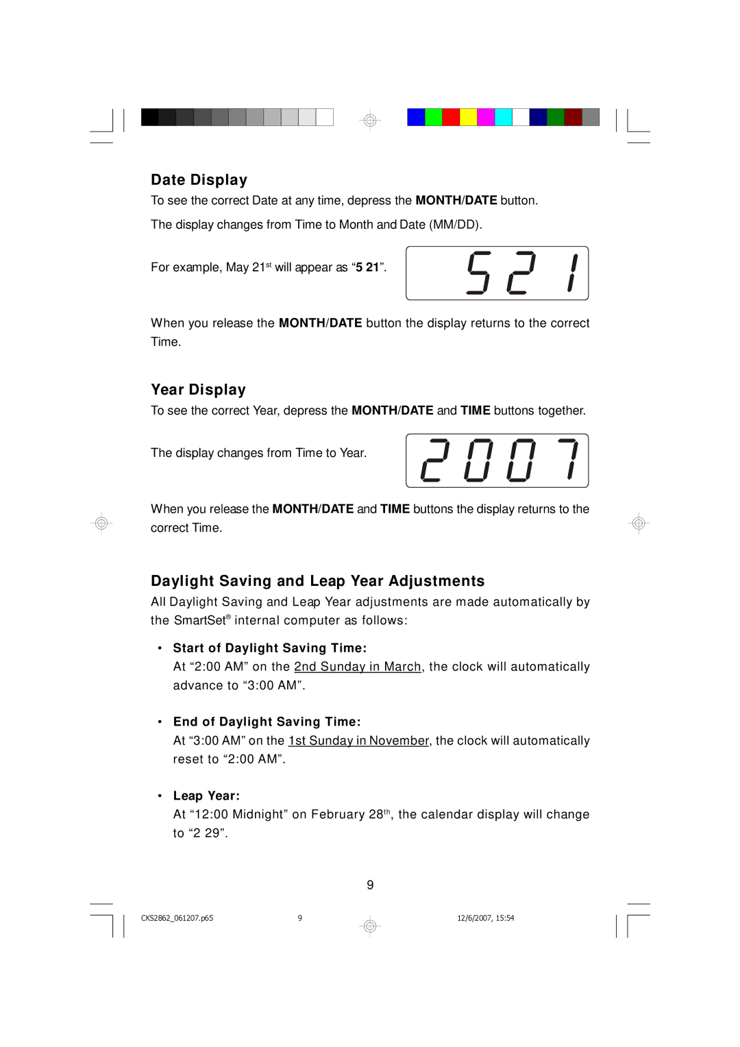 Emerson CKS2862 owner manual Date Display, Year Display, Daylight Saving and Leap Year Adjustments 