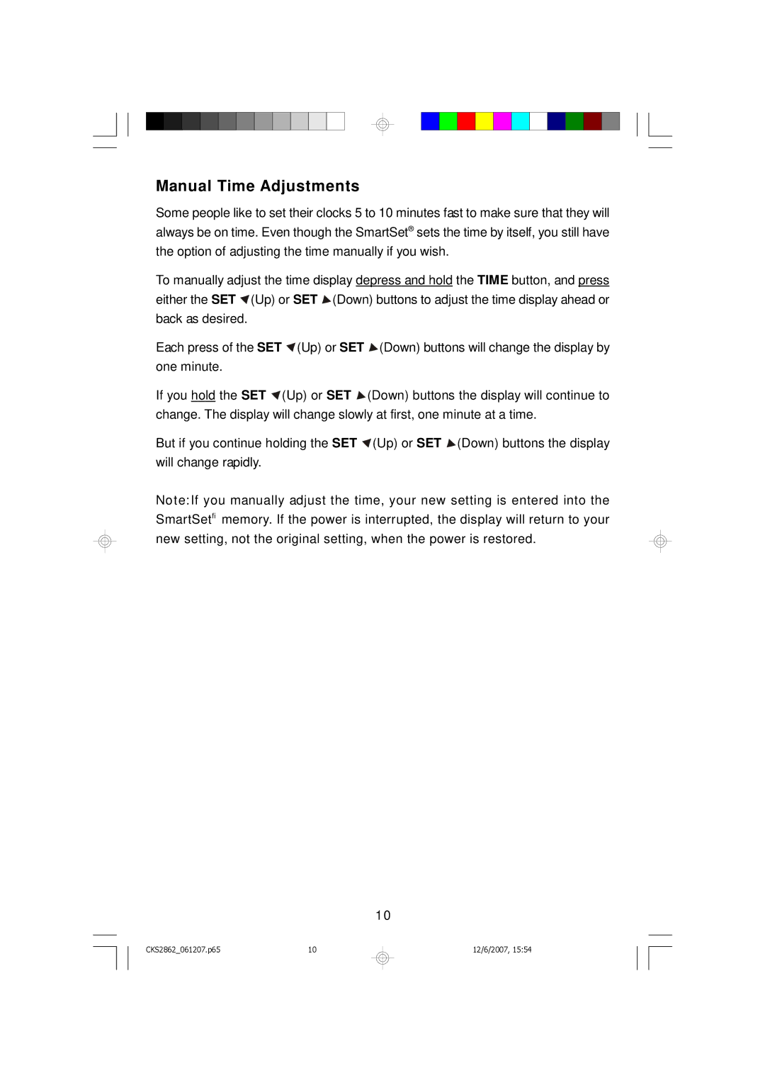 Emerson CKS2862 owner manual Manual Time Adjustments 