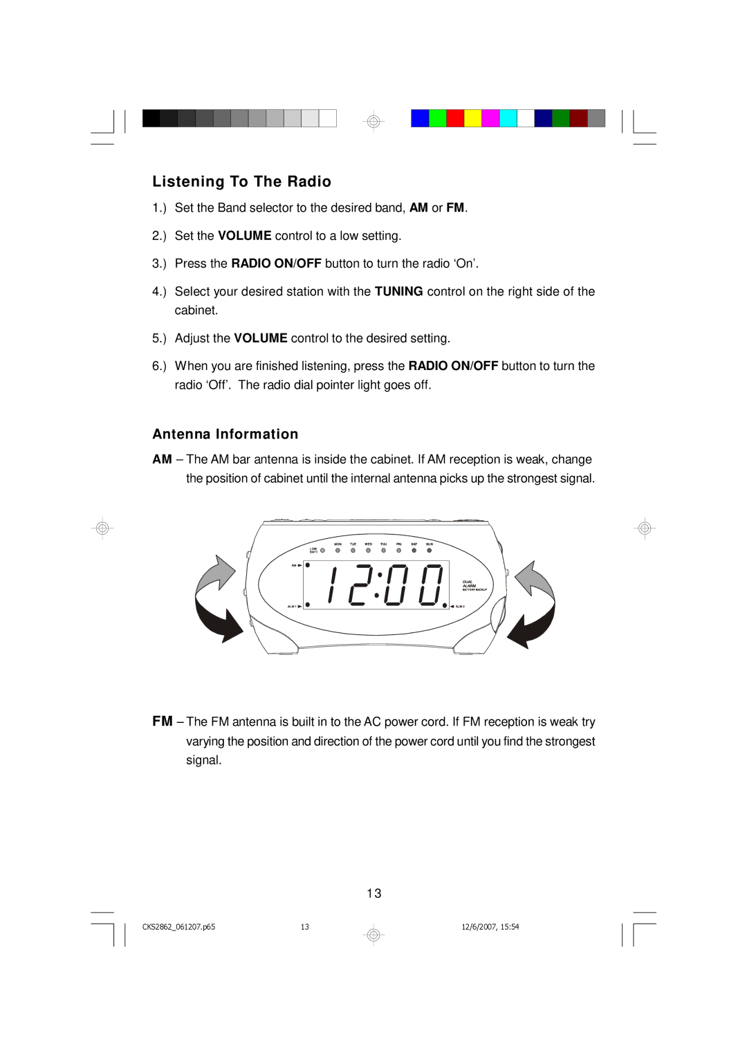 Emerson CKS2862 owner manual Listening To The Radio, Antenna Information 