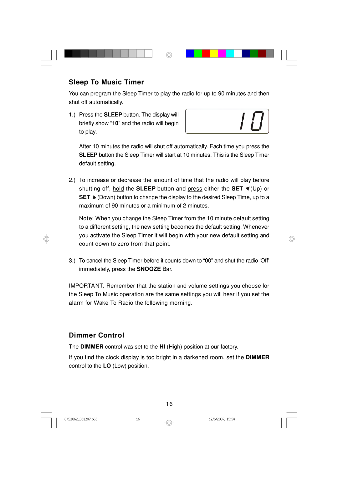 Emerson CKS2862 owner manual Sleep To Music Timer, Dimmer Control 