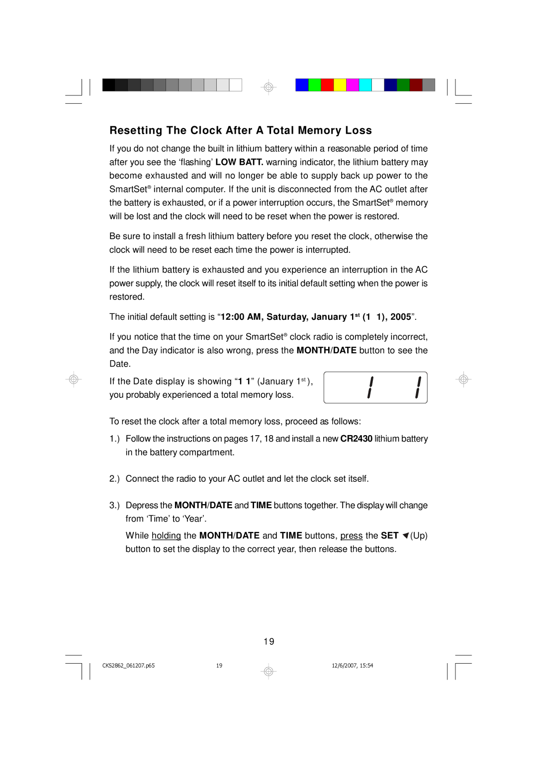 Emerson CKS2862 owner manual Resetting The Clock After a Total Memory Loss 