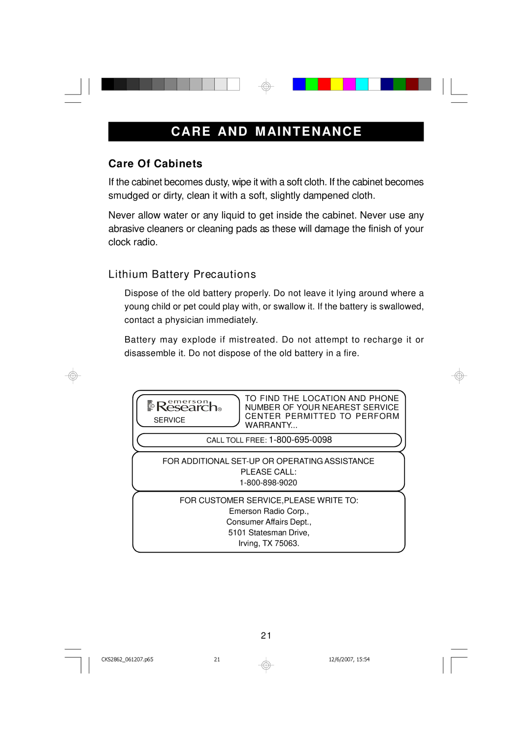 Emerson CKS2862 owner manual Care and M Aintenance, Care Of Cabinets 