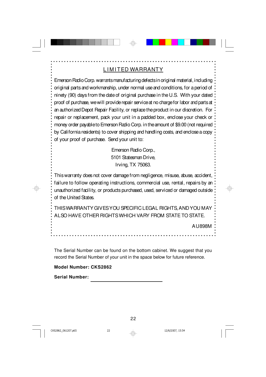 Emerson CKS2862 owner manual Limited Warranty 