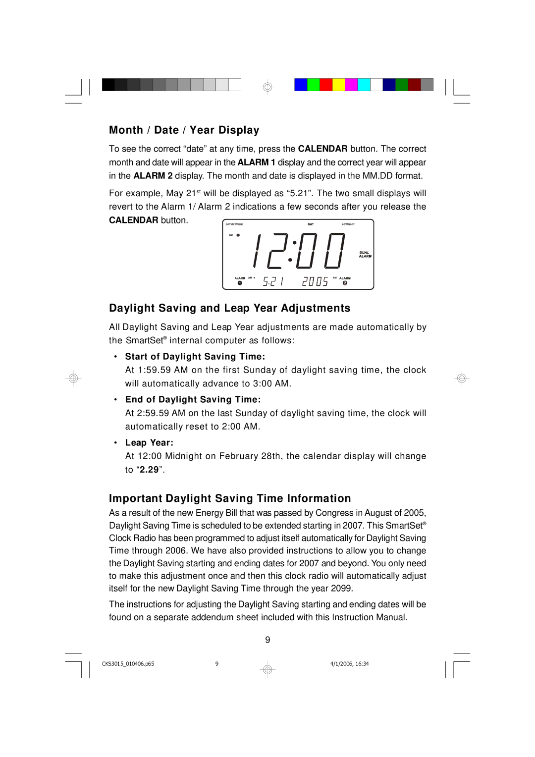 Emerson CKS3015 owner manual Month / Date / Year Display, Daylight Saving and Leap Year Adjustments 