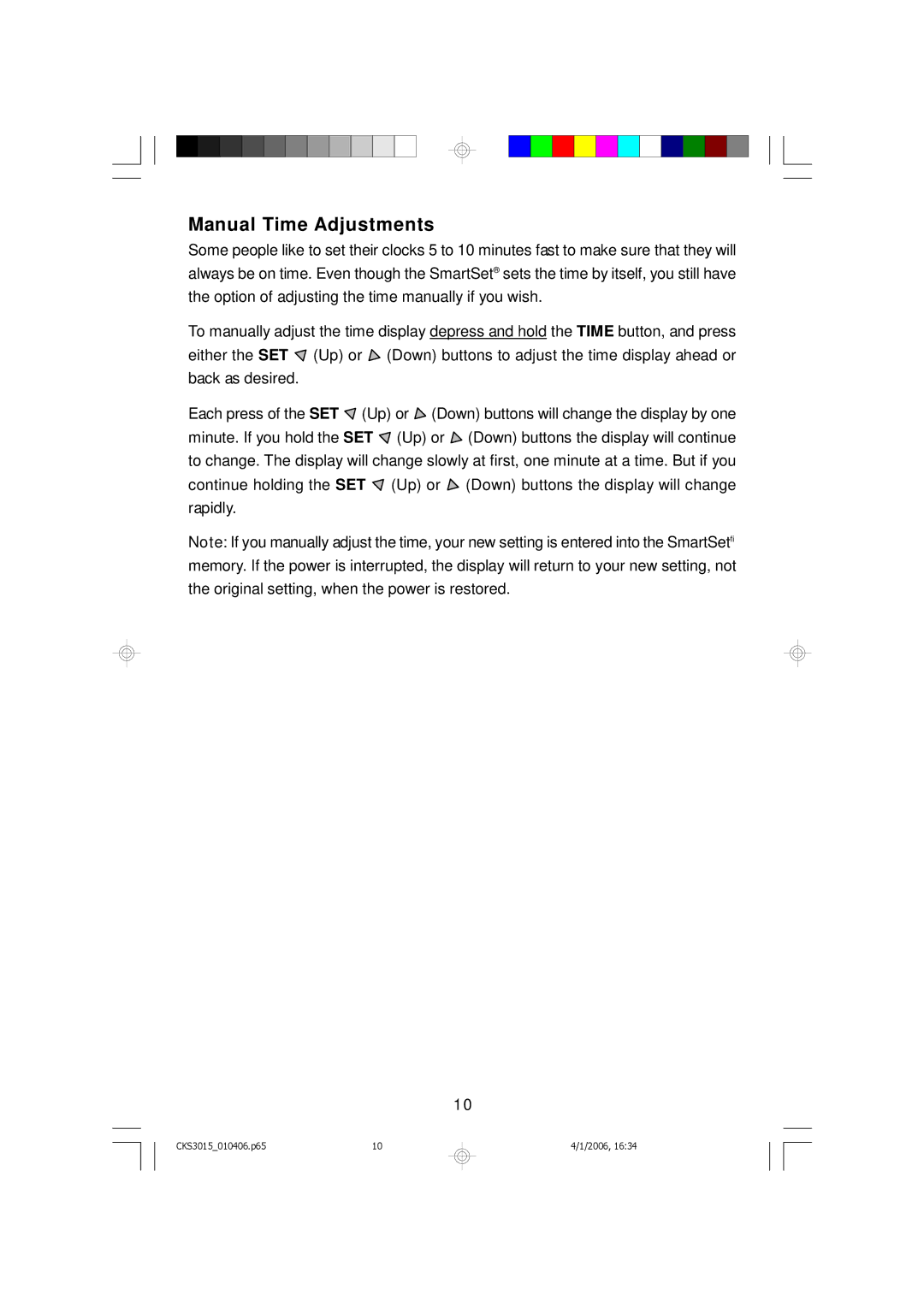 Emerson CKS3015 owner manual Manual Time Adjustments 