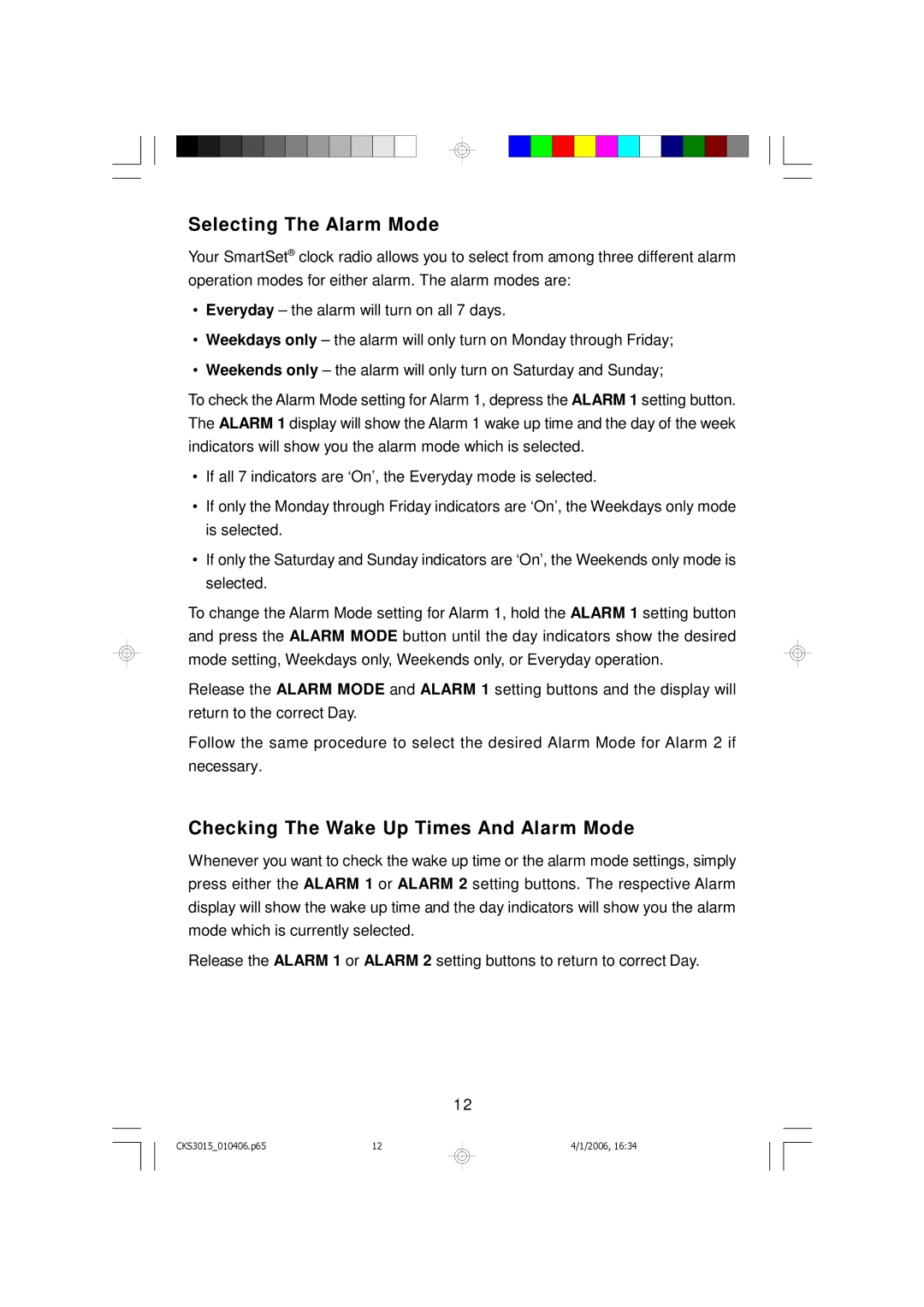 Emerson CKS3015 owner manual Selecting The Alarm Mode, Checking The Wake Up Times And Alarm Mode 