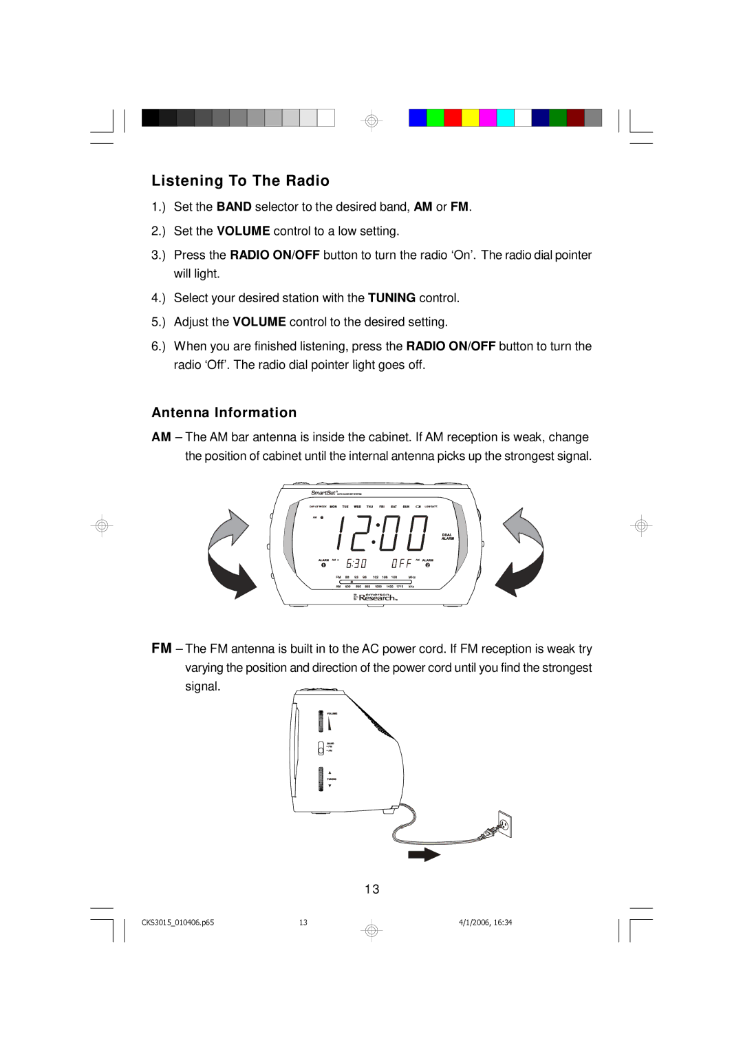 Emerson CKS3015 owner manual Listening To The Radio, Antenna Information 