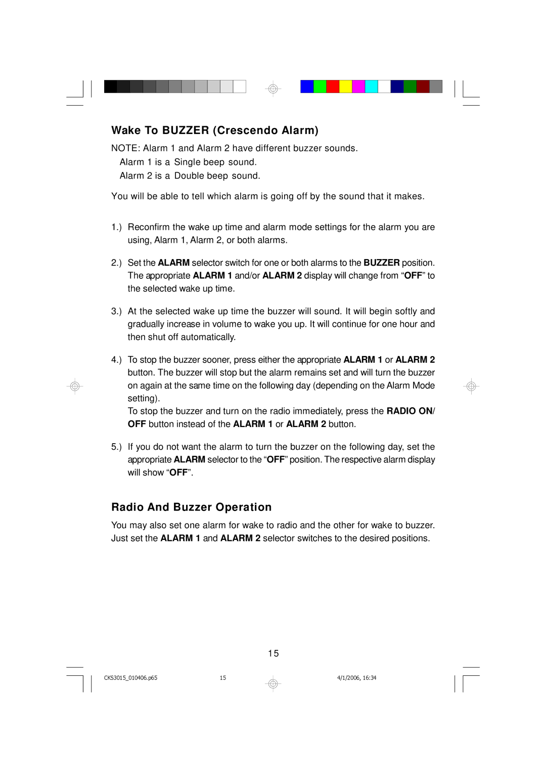 Emerson CKS3015 owner manual Wake To Buzzer Crescendo Alarm, Radio And Buzzer Operation 